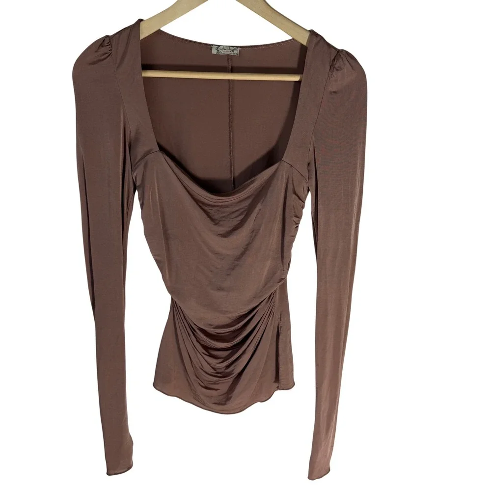 Intimately Free People Wind Down Layering Ruched Square Neck Top Mauve Brown‎ XS